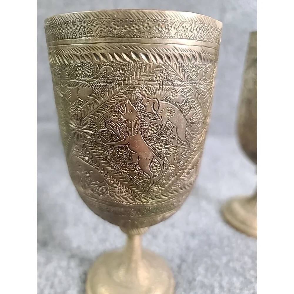 Vintage Set Of 2 Rare Handetched Brass Goblets Chalise Removable Stems His & Her